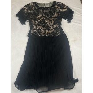 Rina DiMontella Dress Womens Medium Black Beaded Lace Pleated Midi Formal Gown